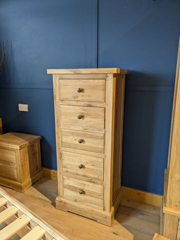 5 drawer solid oak slim Wellington chest of drawers