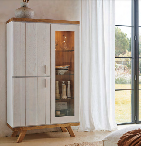Tall Oak Sideboard with cupboards to the left and a display cabinet to the right