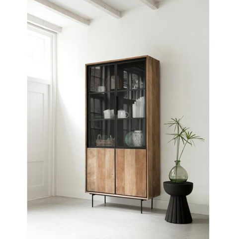 Glazed teak and steel display cabinet