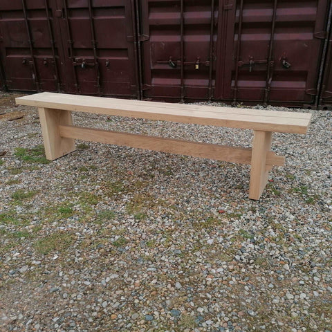 Solid Oak Bench with an oak slap end, stretcher and 2 x plank seat