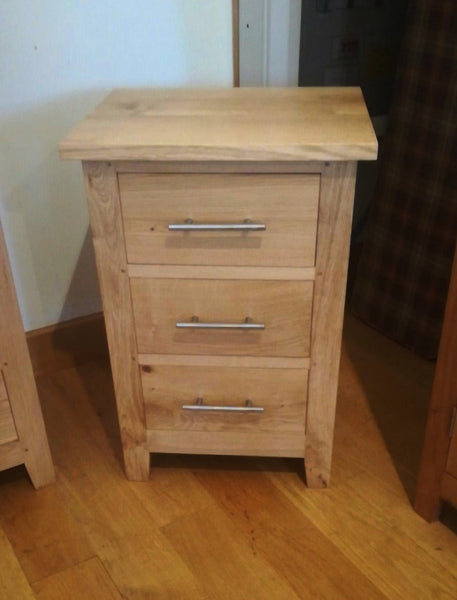3 drawer oak bedside cabinet front view