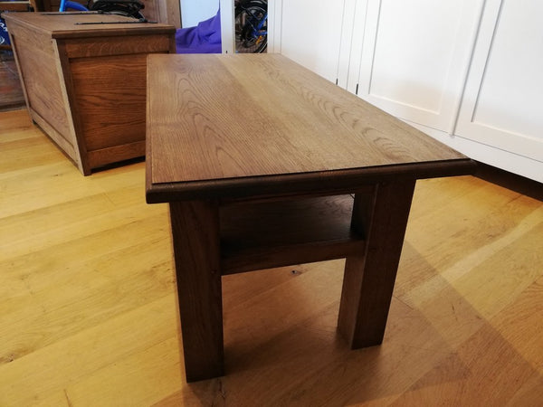 English Oak Planked Coffee Table With Square Chamfered Legs end view