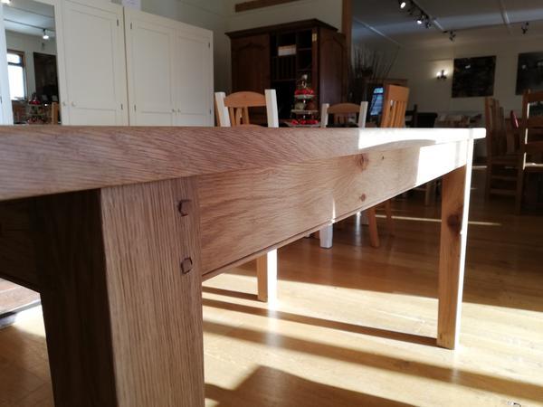 Extended farmhouse dining table close up