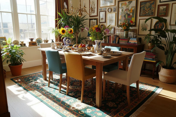 Fine oak farmhouse table with tapered legs in a trendy London apartment with a maximalist decor
