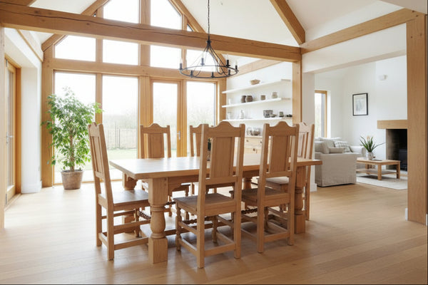 17th Century handmade oak side chairs  with handmade heavy refectory dining table in an oak framed house in Hampshire