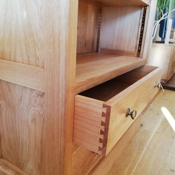 2 Drawer Solid Oak Bookcase close up open drawer