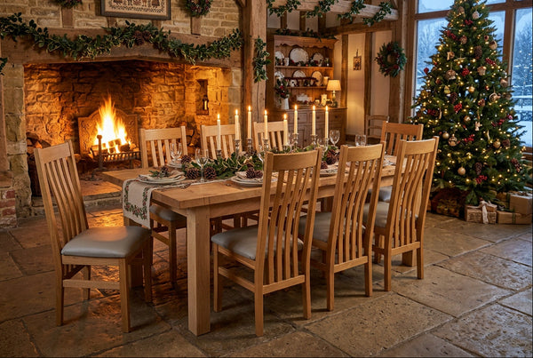 Set of 8 oak chairs with leather seats around a handmade oak table in a converted Sussex barn at Christmas