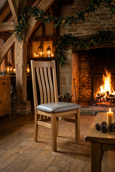 Oak dining chair with leather seat pad beside an open fire at Christmas time