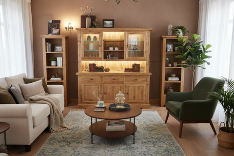 Large 3 door 3 drawer dresser with a 2 door glazed top with adjustable shelving throughout