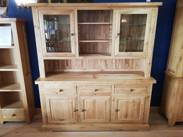 Large 3 door 3 drawer dresser with a 2 door glazed top with adjustable shelving throughout