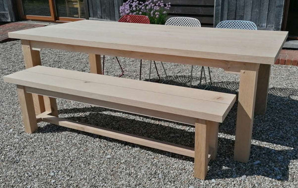 Contemporary Handmade Oak Boarded Garden Table with Bench and Garden chairs