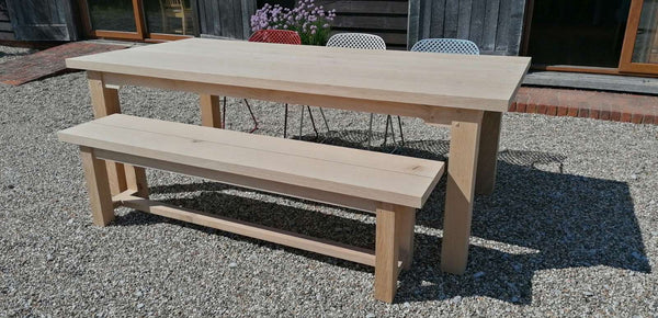 Handmade Solid oak bench with 4 x legs stretchers and ex 52mm thick planked top