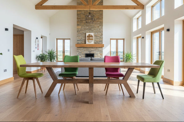 Handmade contemporary oak Angled Dining Table ex L270 x W97cm.  Hand finished in Grey wax oil. Seats 8-10