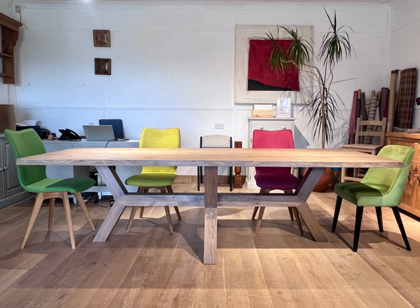 Handmade contemporary oak Angled Dining Table ex L270 x W100cm.  Hand finished in Grey wax oil. Seats 8-10