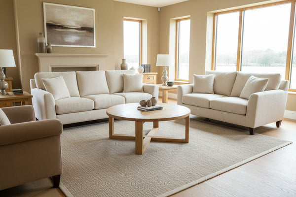 Oakround table in a room with wooden flooring and chairs.