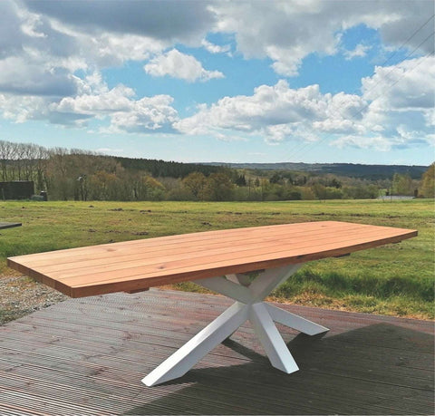 Curved top oak garden table with white steel angle base