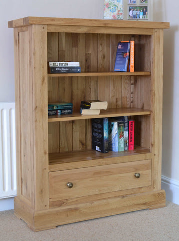 Solid oak 1 drawer bookcase with 2 x adjustable shelves