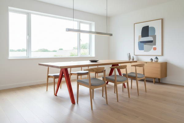 Contemporary oak dining table with powder coated steel legs