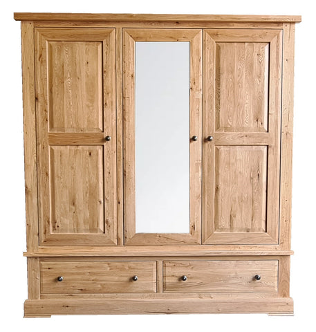 Triple solid oak wardrobe with centre mirrored door