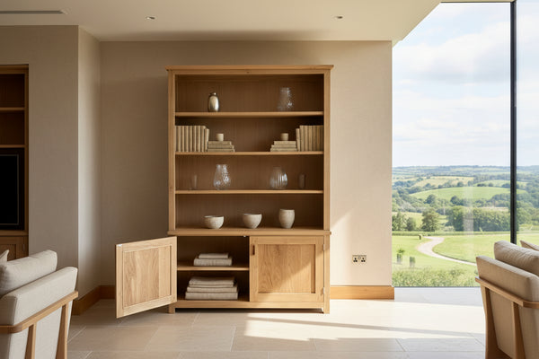 Handmade contemporary oak bookcase against a blue painted wall in a showroom setting