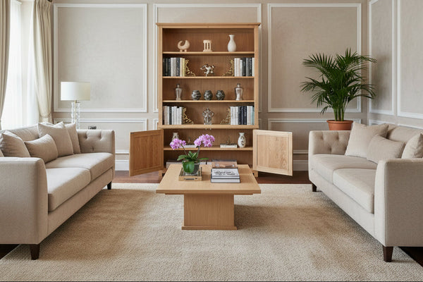 Light oak handmade contemporary bookcase with cupboards below in a showroom setting
