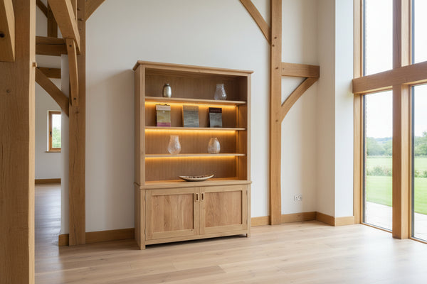 Handmade oak bookcase with four shelves and two doors below
