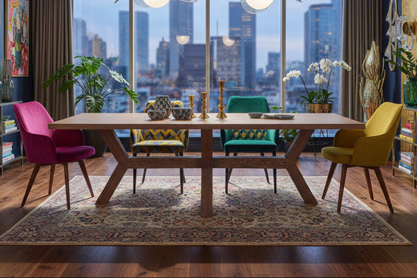 Handmade contemporary oak Angled Dining Table L270 x W97cm Hand finished in Grey wax oil. Seats 10