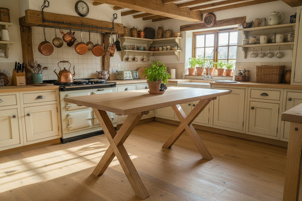 Handmade petit cross leg oak dining table in a traditional kitchen with aga and heavily beamed
