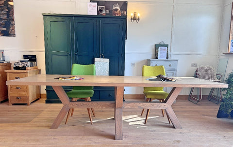 Handmade contemporary oak Angled Dining Table L270 x W100cm Hand finished in Grey wax oil. Seats 10