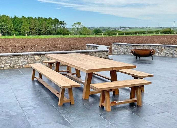 Handmade Oak Garden Trestle Table with Trestle Benches