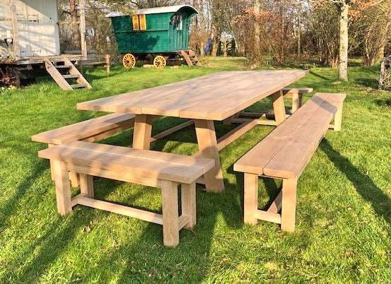 Handmade Oak Garden Trestle Table with Benches