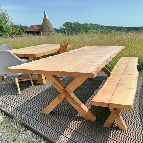 Handmade English Oak Cross Leg Garden Table with Waney Edge