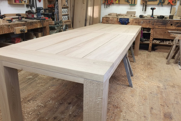 Close up of handmade oak Cannes Garden Table in our workshop