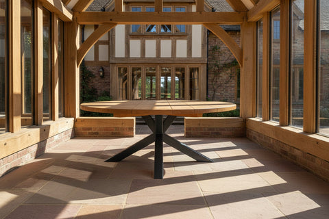 round garden table in a modern manor house setting