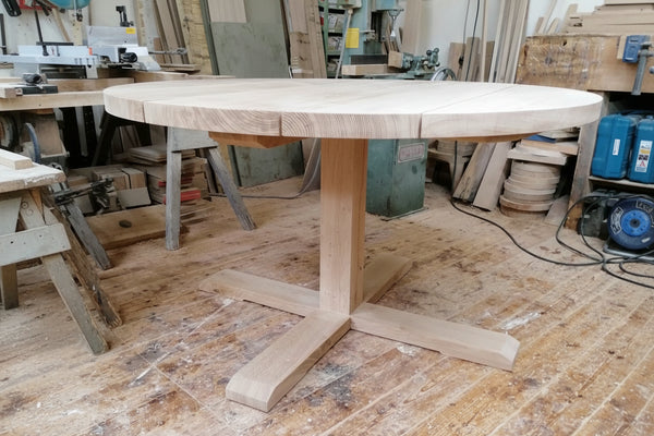 Outside Boarded Round Pillar Table in our workshop