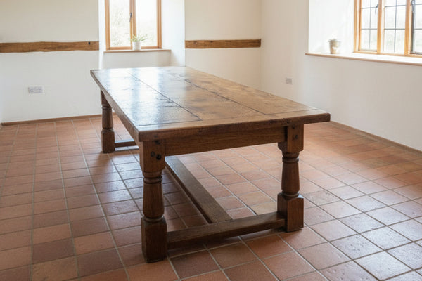 Large wooden table in a room with tiled floor and white walls.