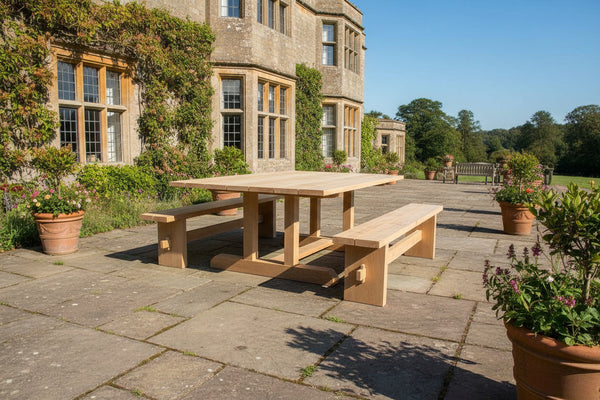 Solid oak Dining table with twin column base and joining stretcher on a patio of a manor house