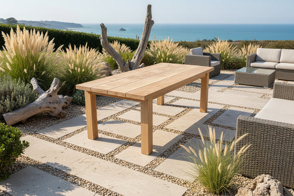 oak garden table in garden with driftwood overlooking sea