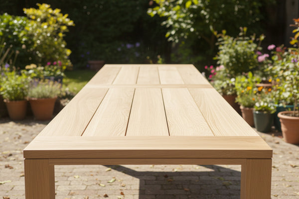 top view of Handmade Oak Garden Table by Country Ways Oak Furniture Makers in garden setting