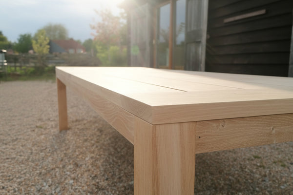 Oak garden table close up in rural setting