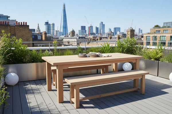 Handmade Solid oak bench with 4 x legs stretchers and ex 52mm thick planked top on roof garden in London