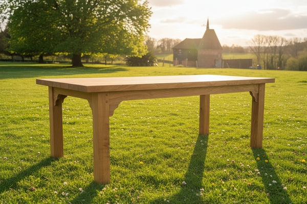 Handmade Oak Boarded Garden Table in a rural setting
