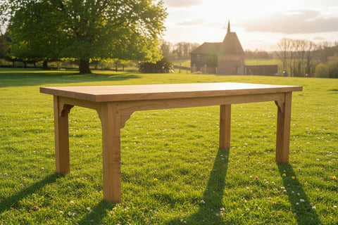 Handmade Oak Boarded Garden Table in a rural setting