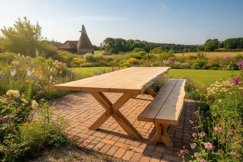 Handmade English Oak Cross Leg Garden Table with Waney Edge in a garden