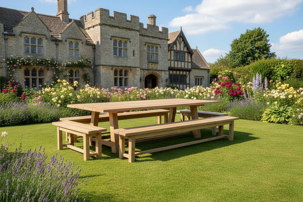 wooden table in garden