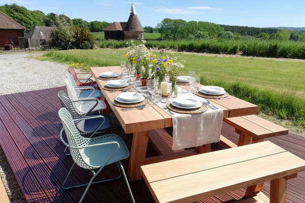 table and chairs set for lunch outside with oast house and meadow