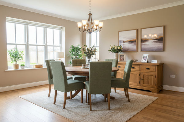 Dining area with wooden tables and chairs in a room with light coloured walls and sideboard.