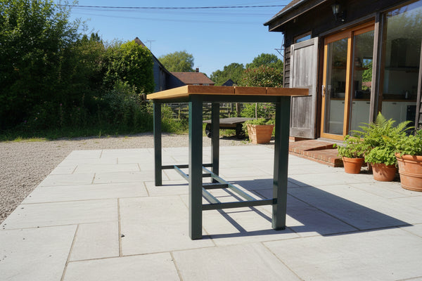Outdoor Dining Furniture - Contrast Bar Table on patio outside Country Ways Oak Furniture showroom