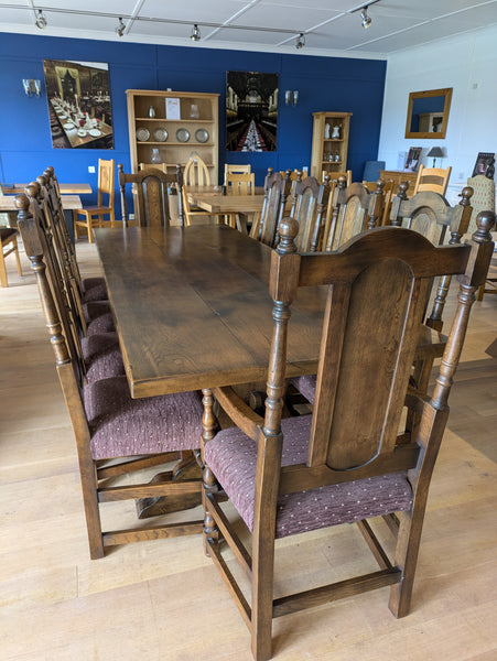 Clearance - Handmade Reclaimed Oak Lyre End Dining Table 8 Panelback Side Chairs and 2 x Carvers