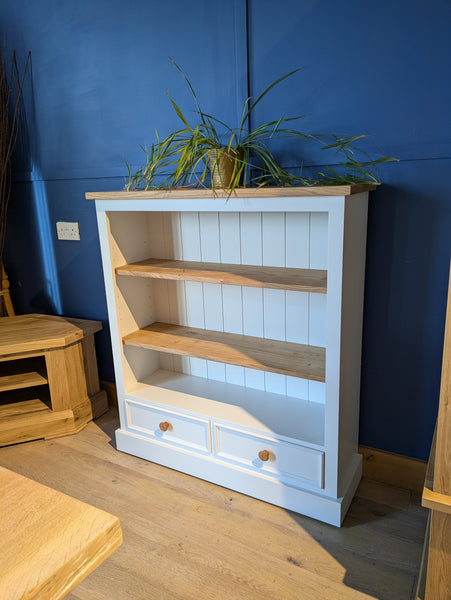 2 drawer painted pine bookcase with oak tops shelves and handles